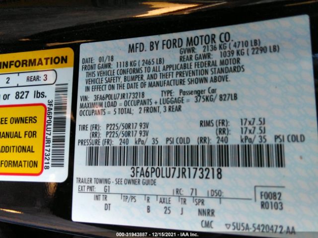 Photo 8 VIN: 3FA6P0LU7JR173218 - FORD FUSION HYBRID 