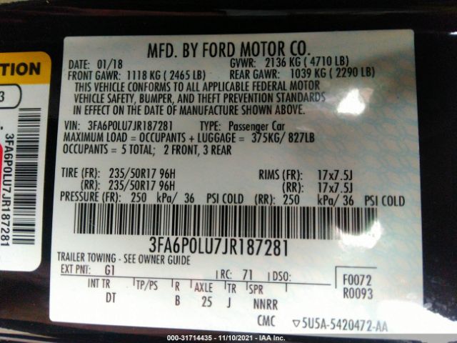 Photo 8 VIN: 3FA6P0LU7JR187281 - FORD FUSION HYBRID 