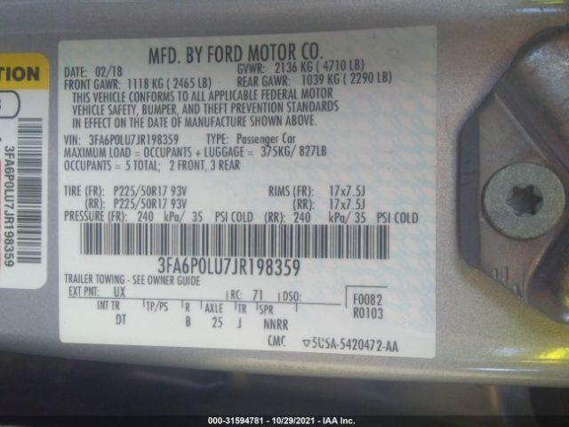 Photo 8 VIN: 3FA6P0LU7JR198359 - FORD FUSION HYBRID 