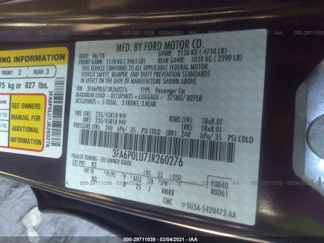 Photo 8 VIN: 3FA6P0LU7JR260276 - FORD FUSION HYBRID 