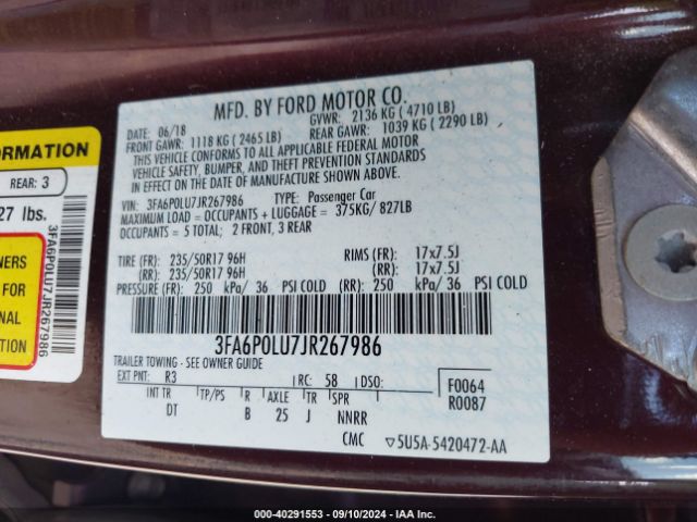 Photo 8 VIN: 3FA6P0LU7JR267986 - FORD FUSION 