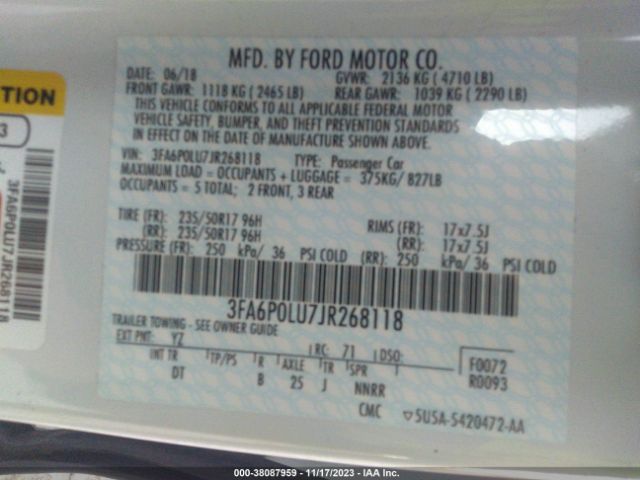 Photo 8 VIN: 3FA6P0LU7JR268118 - FORD FUSION HYBRID 