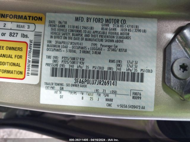 Photo 8 VIN: 3FA6P0LU7JR269141 - FORD FUSION HYBRID 