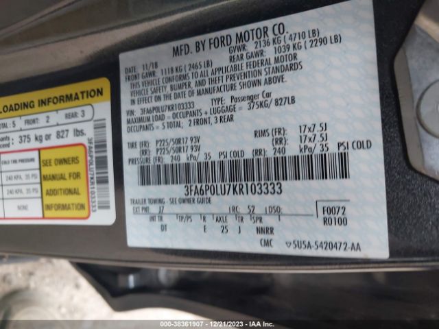 Photo 8 VIN: 3FA6P0LU7KR103333 - FORD FUSION HYBRID 