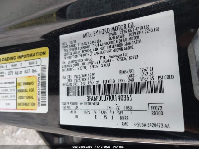 Photo 8 VIN: 3FA6P0LU7KR140365 - FORD FUSION HYBRID 