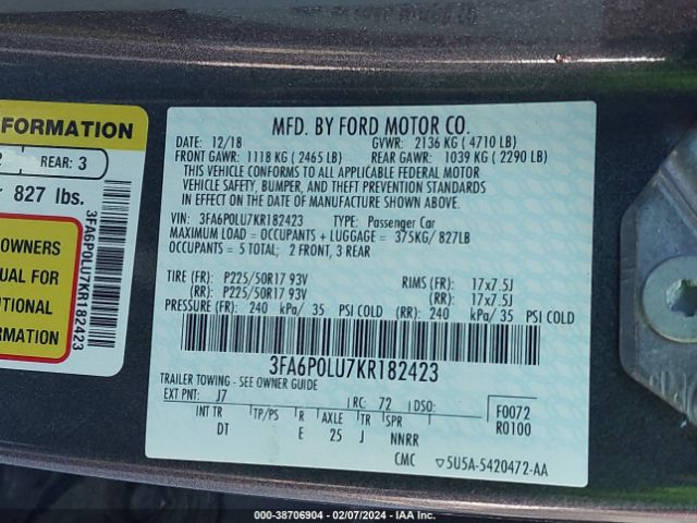 Photo 8 VIN: 3FA6P0LU7KR182423 - FORD FUSION HYBRID 