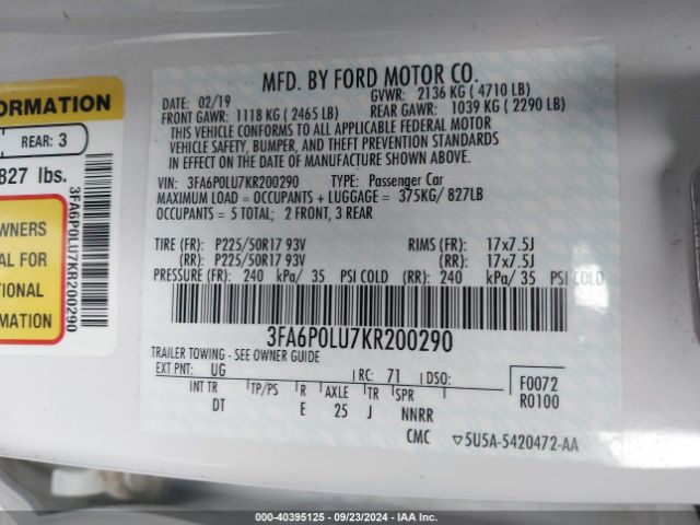 Photo 8 VIN: 3FA6P0LU7KR200290 - FORD FUSION 