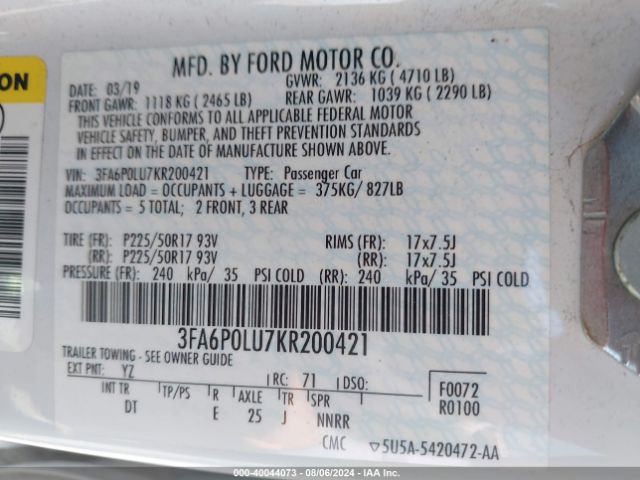 Photo 8 VIN: 3FA6P0LU7KR200421 - FORD FUSION 