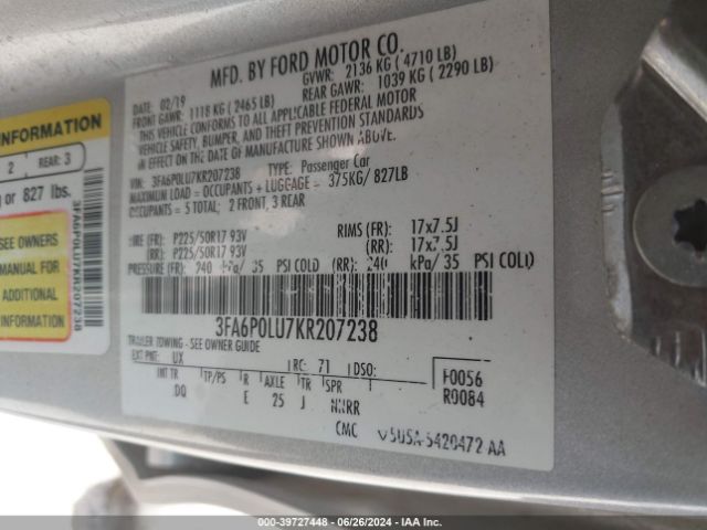 Photo 8 VIN: 3FA6P0LU7KR207238 - FORD FUSION 