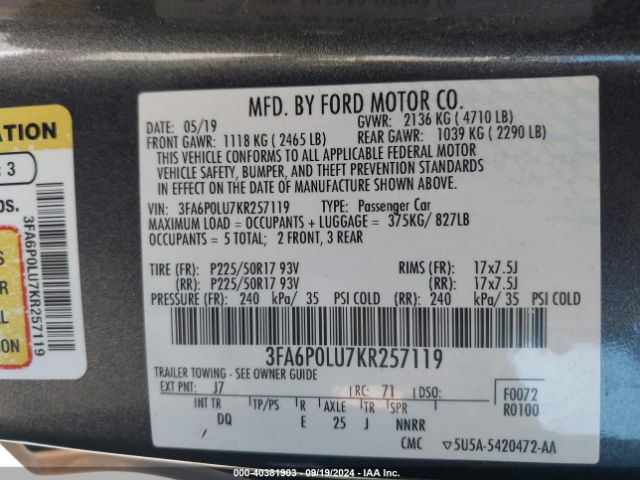 Photo 8 VIN: 3FA6P0LU7KR257119 - FORD FUSION 