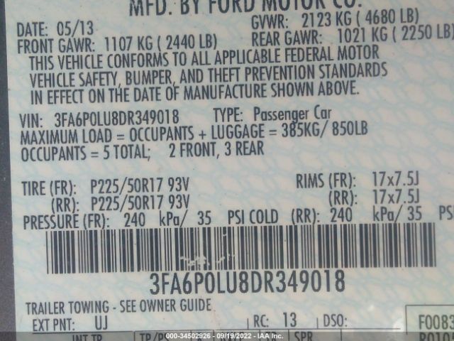 Photo 8 VIN: 3FA6P0LU8DR349018 - FORD FUSION 