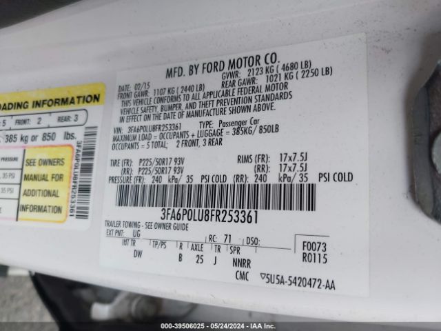 Photo 8 VIN: 3FA6P0LU8FR253361 - FORD FUSION HYBRID 