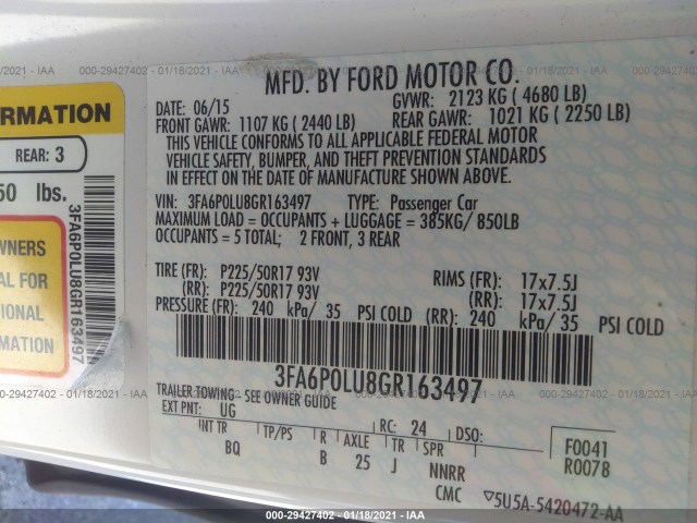 Photo 8 VIN: 3FA6P0LU8GR163497 - FORD FUSION 