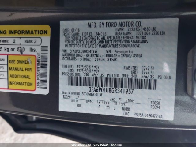 Photo 8 VIN: 3FA6P0LU8GR341957 - FORD FUSION HYBRID 