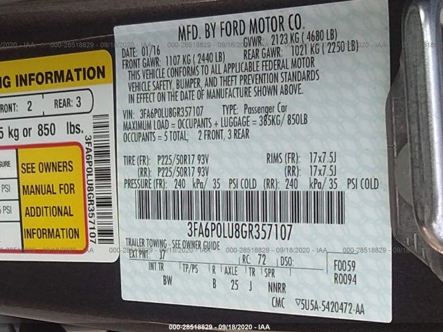 Photo 8 VIN: 3FA6P0LU8GR357107 - FORD FUSION 