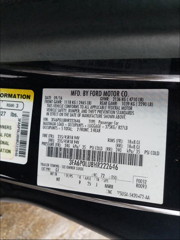 Photo 9 VIN: 3FA6P0LU8HR222646 - FORD FUSION SE 