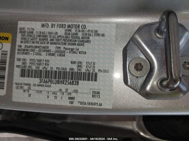 Photo 8 VIN: 3FA6P0LU8HR256828 - FORD FUSION HYBRID 