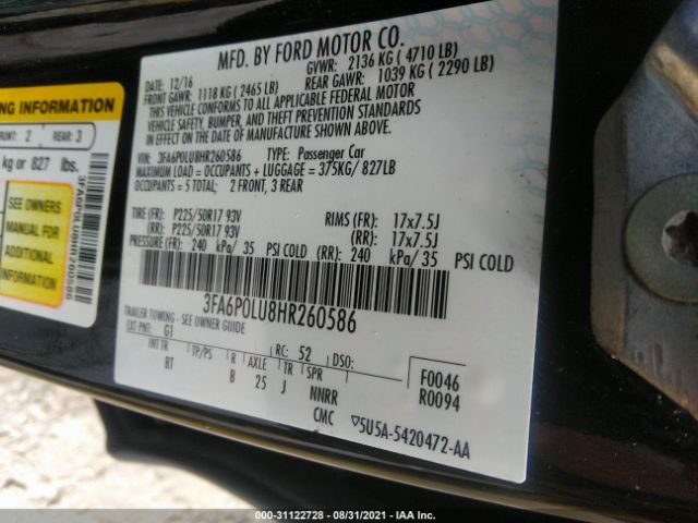 Photo 8 VIN: 3FA6P0LU8HR260586 - FORD FUSION 