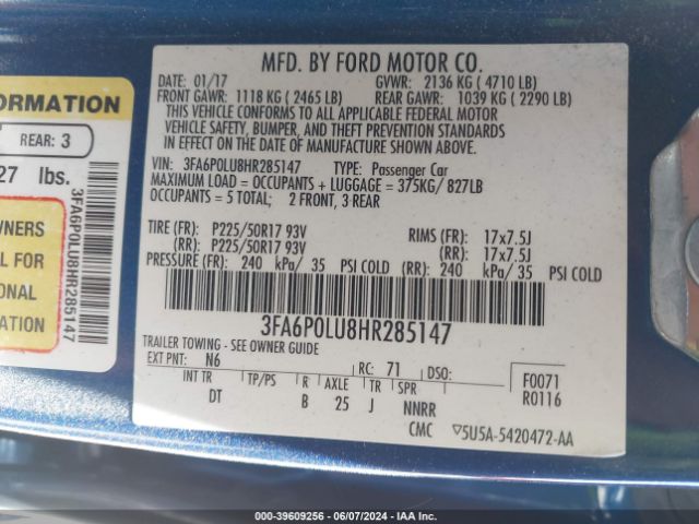 Photo 8 VIN: 3FA6P0LU8HR285147 - FORD FUSION 