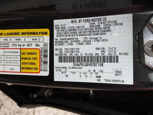 Photo 9 VIN: 3FA6P0LU8HR287108 - FORD FUSION SE 