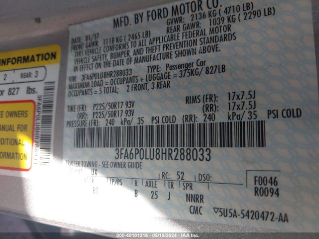 Photo 8 VIN: 3FA6P0LU8HR288033 - FORD FUSION 