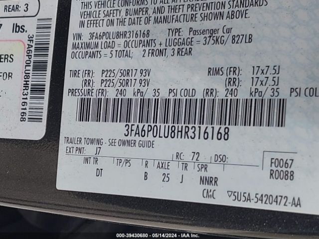 Photo 8 VIN: 3FA6P0LU8HR316168 - FORD FUSION HYBRID 