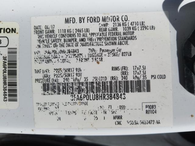 Photo 9 VIN: 3FA6P0LU8HR384843 - FORD FUSION SE 