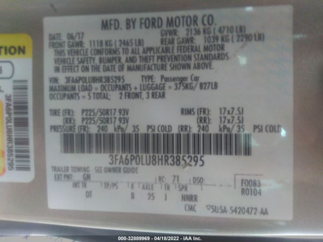 Photo 8 VIN: 3FA6P0LU8HR385295 - FORD FUSION 