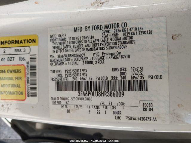 Photo 8 VIN: 3FA6P0LU8HR386009 - FORD FUSION HYBRID 