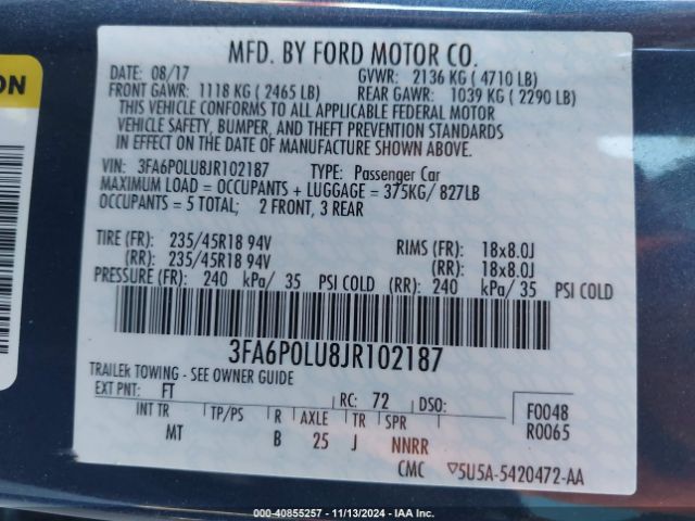 Photo 8 VIN: 3FA6P0LU8JR102187 - FORD FUSION 