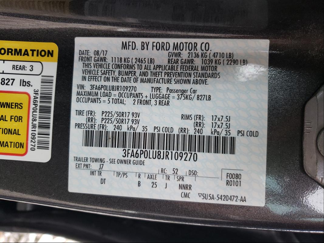 Photo 9 VIN: 3FA6P0LU8JR109270 - FORD FUSION SE 