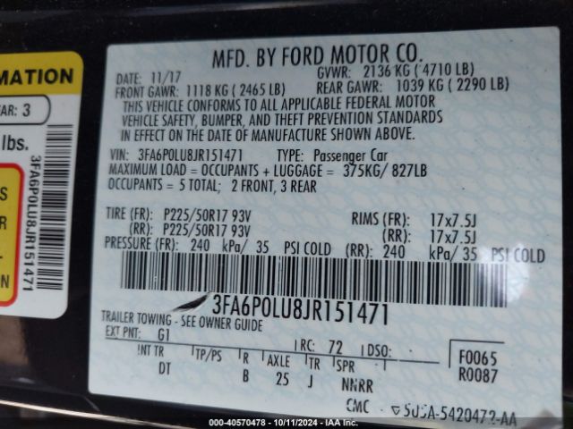 Photo 8 VIN: 3FA6P0LU8JR151471 - FORD FUSION 