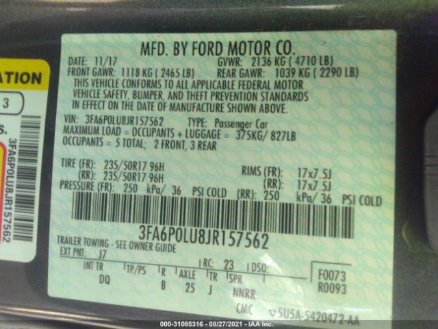 Photo 8 VIN: 3FA6P0LU8JR157562 - FORD FUSION HYBRID 