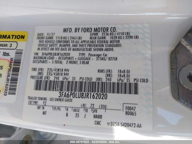 Photo 8 VIN: 3FA6P0LU8JR162020 - FORD FUSION HYBRID 