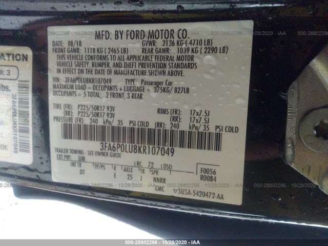 Photo 8 VIN: 3FA6P0LU8KR107049 - FORD FUSION HYBRID 