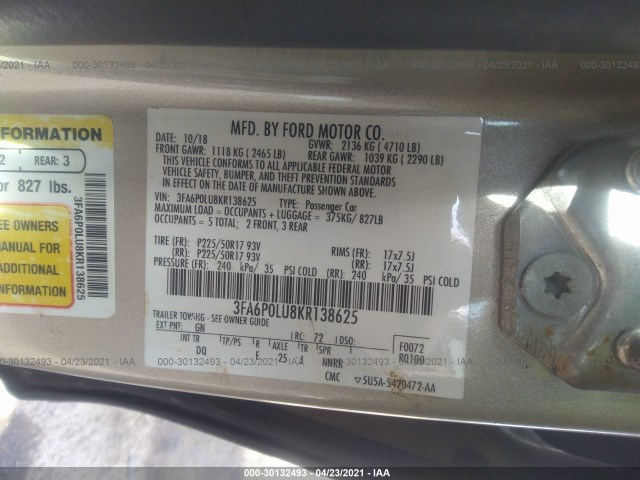 Photo 8 VIN: 3FA6P0LU8KR138625 - FORD FUSION HYBRID 