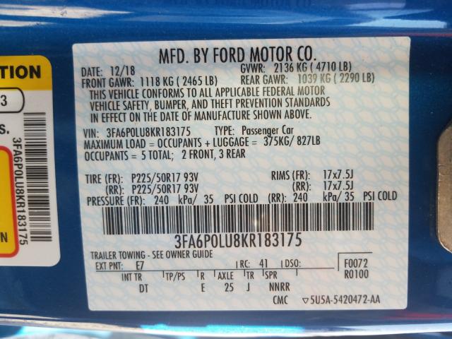 Photo 9 VIN: 3FA6P0LU8KR183175 - FORD FUSION SE 