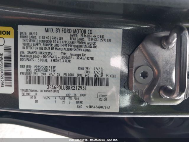 Photo 8 VIN: 3FA6P0LU8KR212951 - FORD FUSION HYBRID 