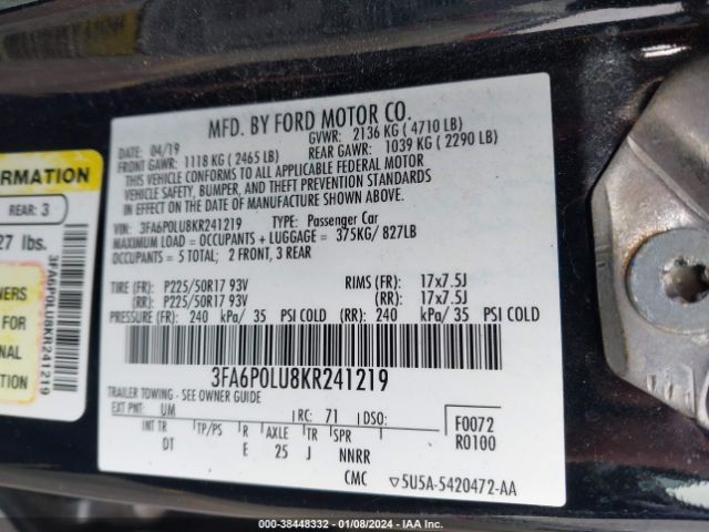 Photo 8 VIN: 3FA6P0LU8KR241219 - FORD FUSION HYBRID 