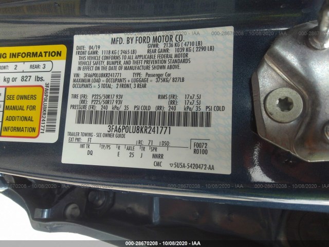 Photo 8 VIN: 3FA6P0LU8KR241771 - FORD FUSION HYBRID 