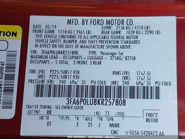 Photo 8 VIN: 3FA6P0LU8KR257808 - FORD FUSION 