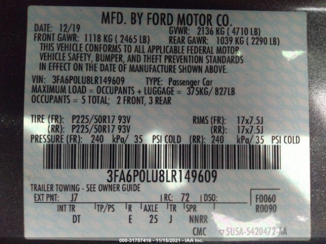 Photo 8 VIN: 3FA6P0LU8LR149609 - FORD FUSION HYBRID 