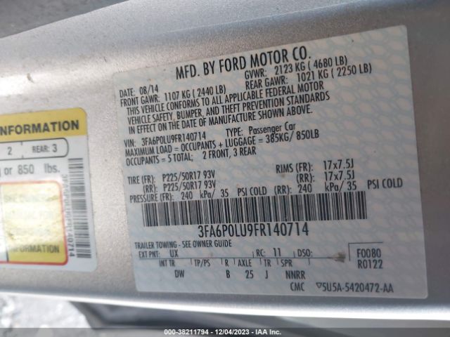 Photo 8 VIN: 3FA6P0LU9FR140714 - FORD FUSION 