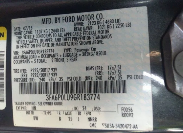 Photo 8 VIN: 3FA6P0LU9GR183774 - FORD FUSION 