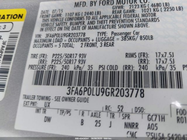 Photo 8 VIN: 3FA6P0LU9GR203778 - FORD FUSION 