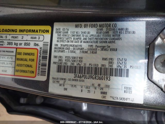 Photo 8 VIN: 3FA6P0LU9GR360193 - FORD FUSION 