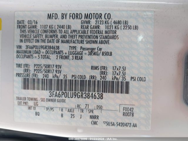 Photo 8 VIN: 3FA6P0LU9GR384638 - FORD FUSION HYBRID 