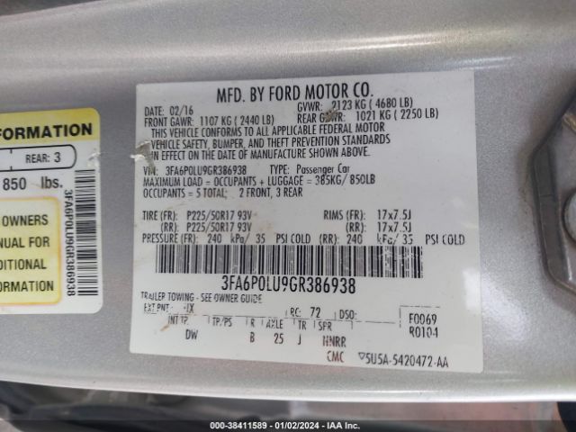 Photo 8 VIN: 3FA6P0LU9GR386938 - FORD FUSION HYBRID 