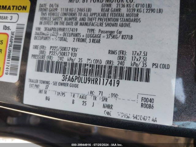 Photo 8 VIN: 3FA6P0LU9HR117419 - FORD FUSION 