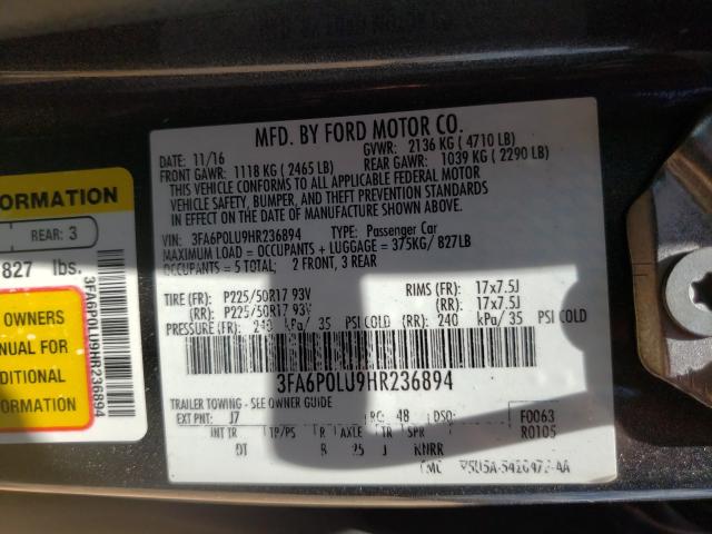 Photo 9 VIN: 3FA6P0LU9HR236894 - FORD FUSION SE 